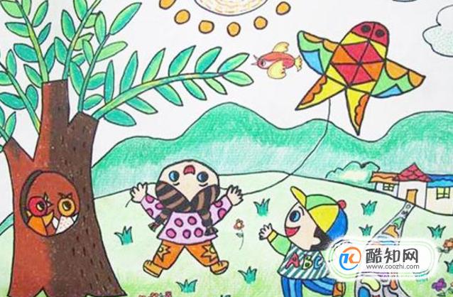 清明节是放风筝的好时候,可以画几个小朋友在一起快乐的玩耍,一起
